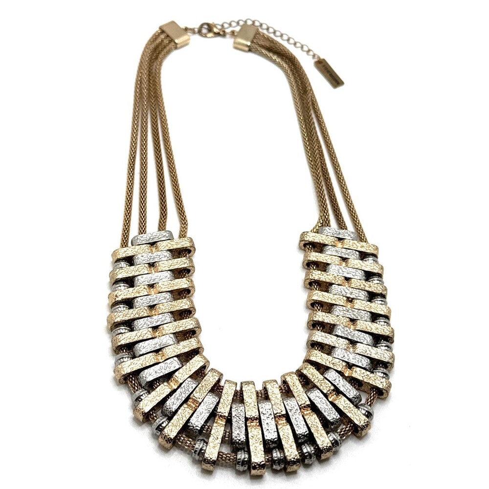 Vintage Steve Madden Gold & Silver Tone Bib Necklace Textured Collar Statement